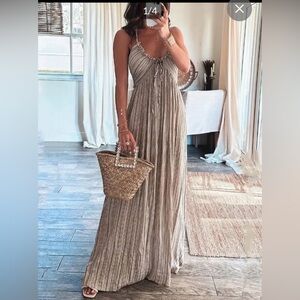 Boho Taupe Striped Maxi Dress with Adjustable Tie